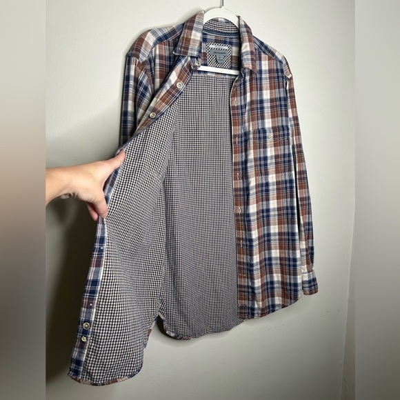 Johnston & Murphy Brushed Button Front Knit Shirt Navy Open Grid Plaid Medium - Picture 6 of 14